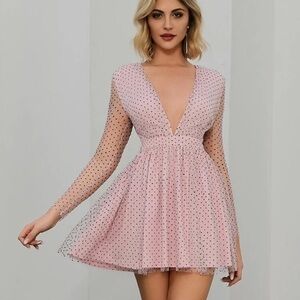 Plunging Neck Polka Dot Flare Dress with Mesh Sleeves